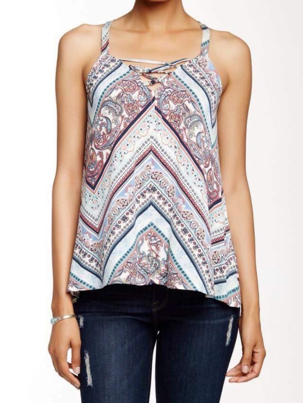 NWOT love on a hanger Multicolor Paisley Chevron Lace-Up Camisole—Size Large